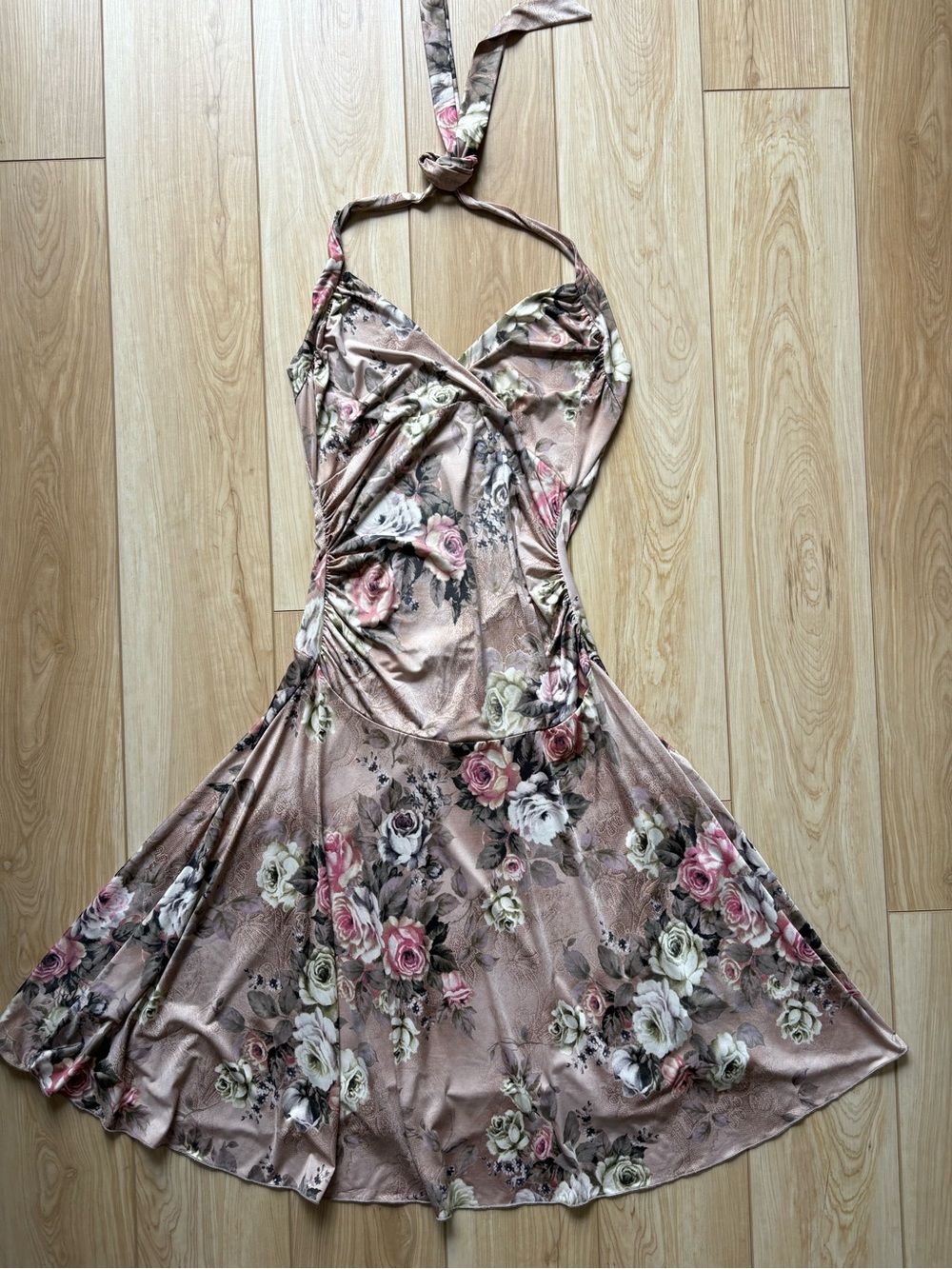Vintage Satin Floral Halter Dress Romantic Feminine Date Night Summer